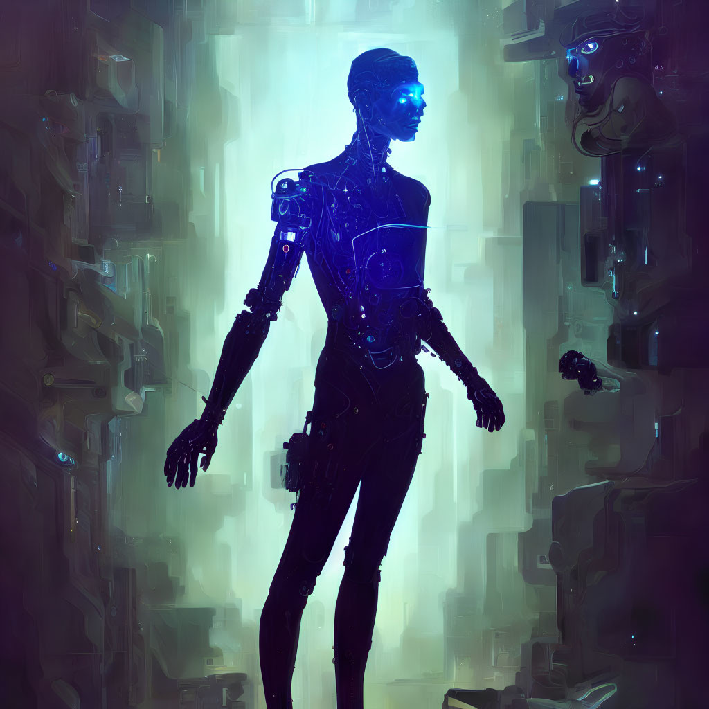 Silhouetted cybernetic humanoid with glowing light and futuristic machinery