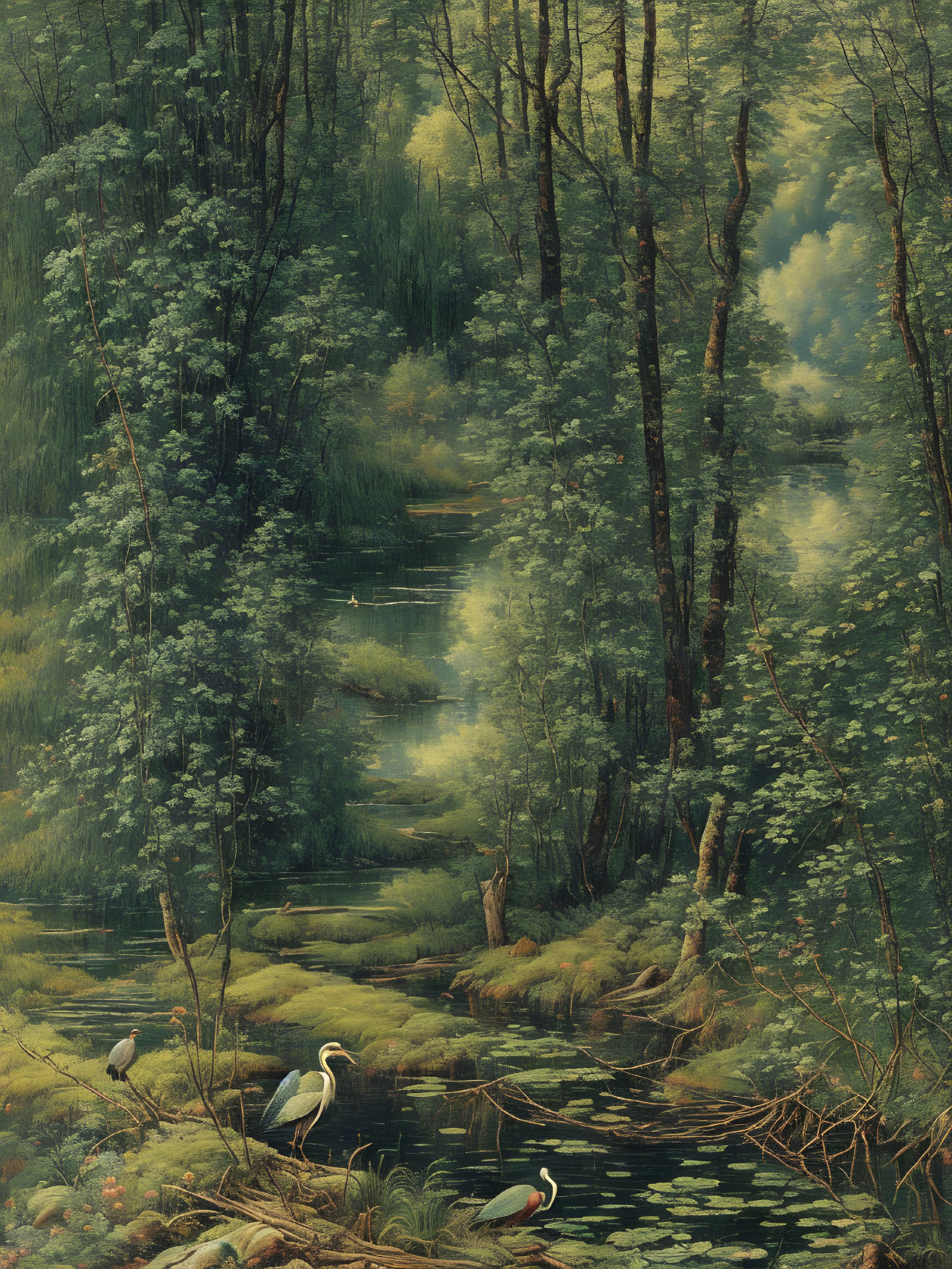 Tranquil river scene with lush forest, water lilies, and herons