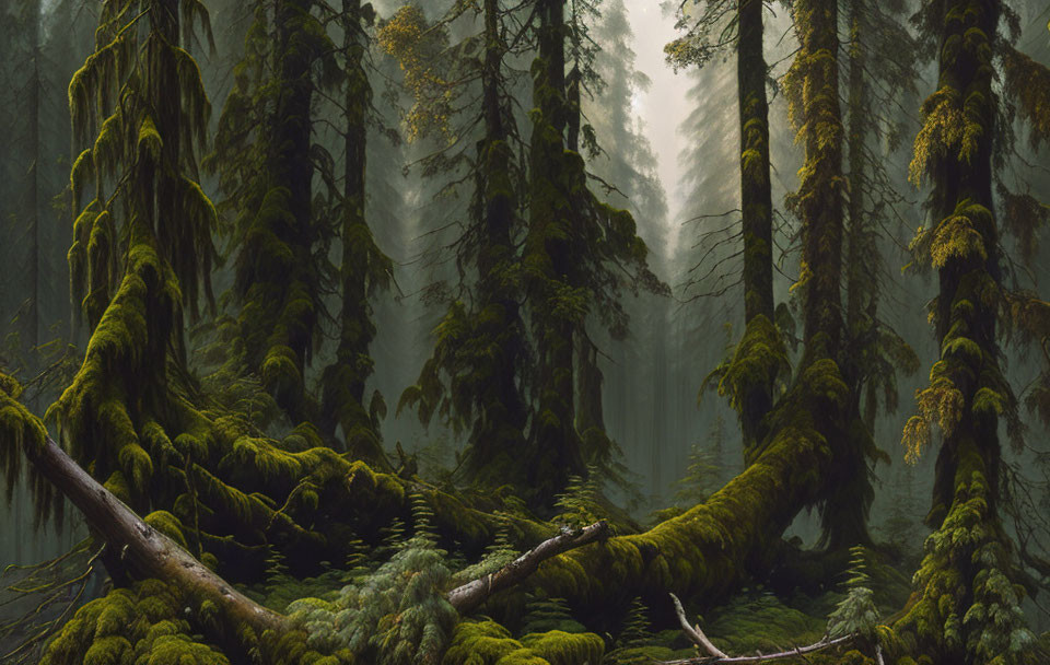 Misty forest scene with moss-covered trees and fallen log