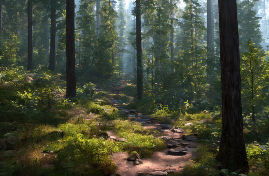 Tranquil forest scene with sunlight, stone path, and green foliage