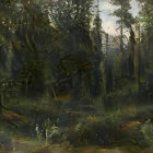 Misty forest scene with moss-covered trees and fallen log