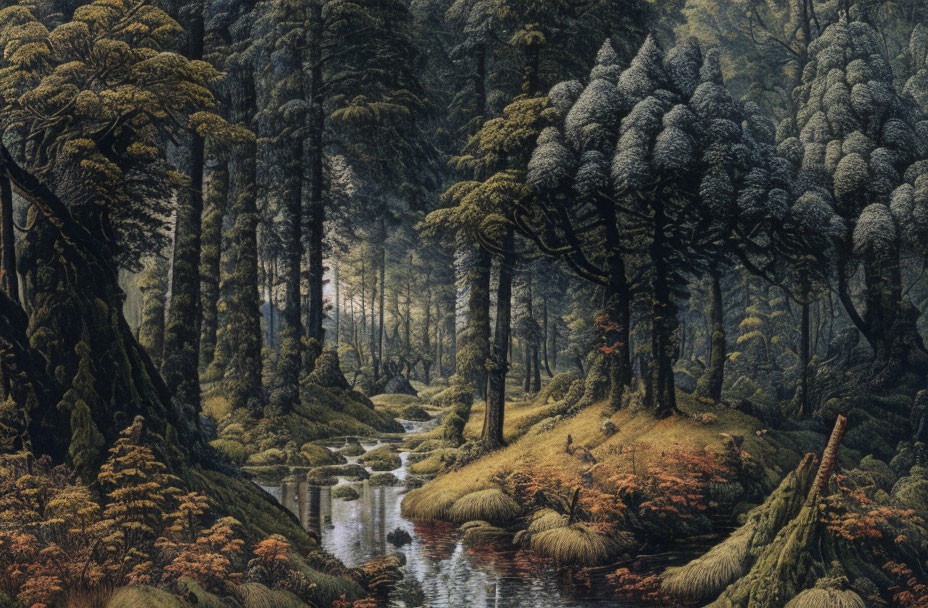 Tranquil forest scene with moss-covered trees and meandering stream