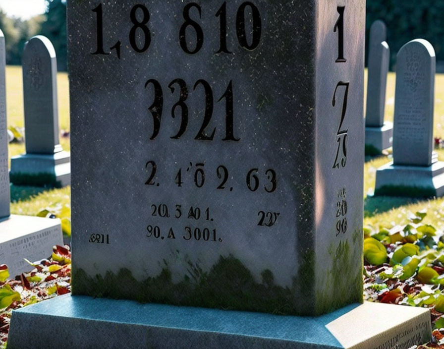 Enigmatic numbers on gravestone in cemetery with leaves under sunlight