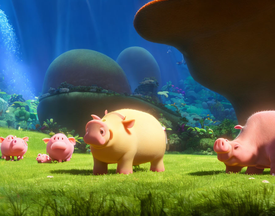 Vibrant forest scene with pink pig family and oversized mushrooms