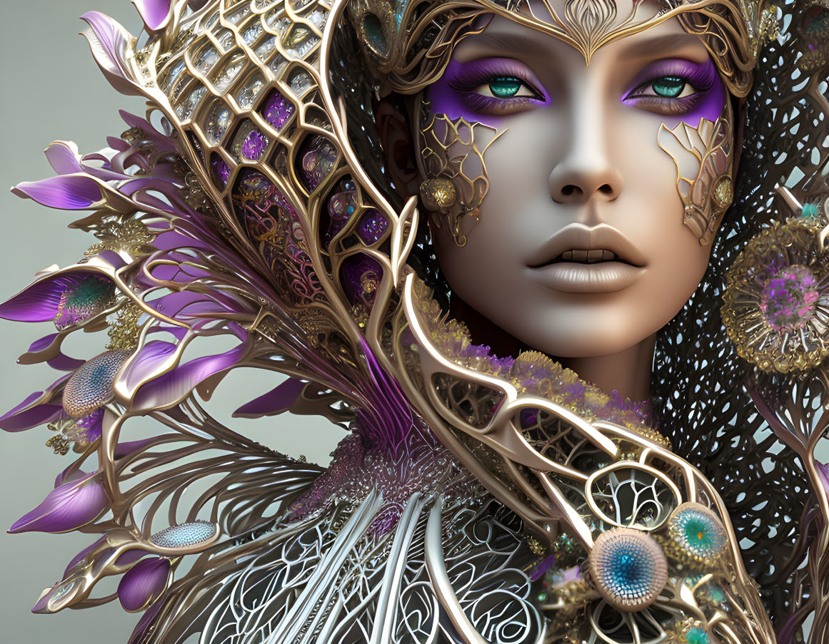 Digital Artwork: Woman with Golden Headpiece and Purple Floral Accents