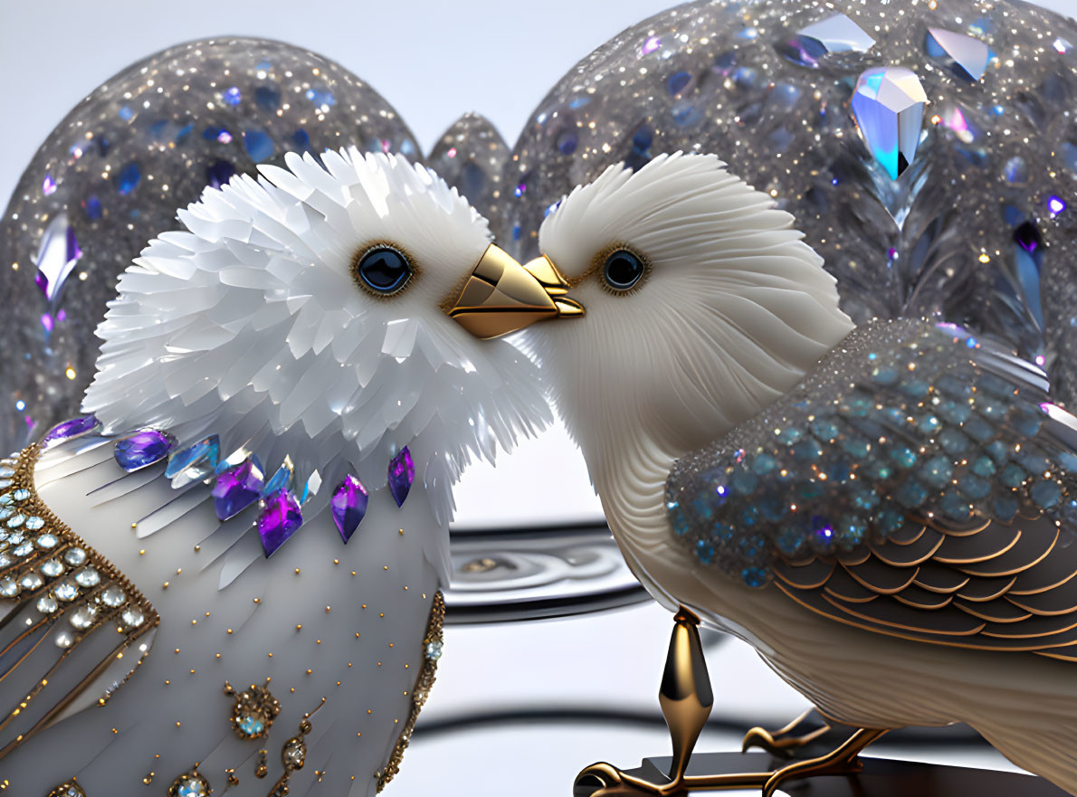 Ornate jewel-encrusted bird figurines with golden beaks on gem-filled background