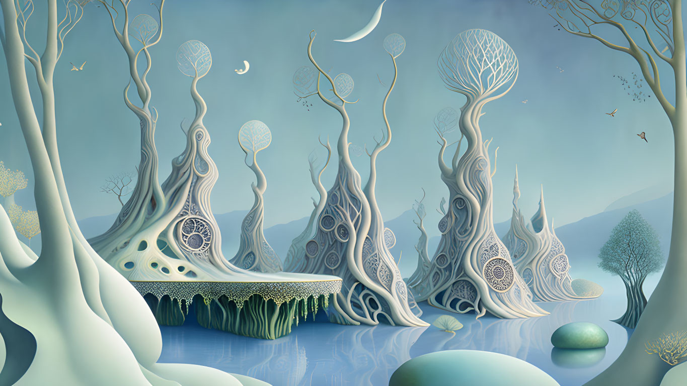 Serene landscape with stylized trees, birds, moons, intricate patterns