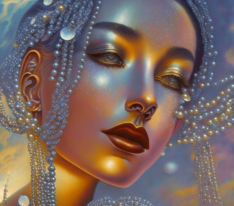 Surreal portrait of woman with star-like complexion and pearls under cosmic backdrop