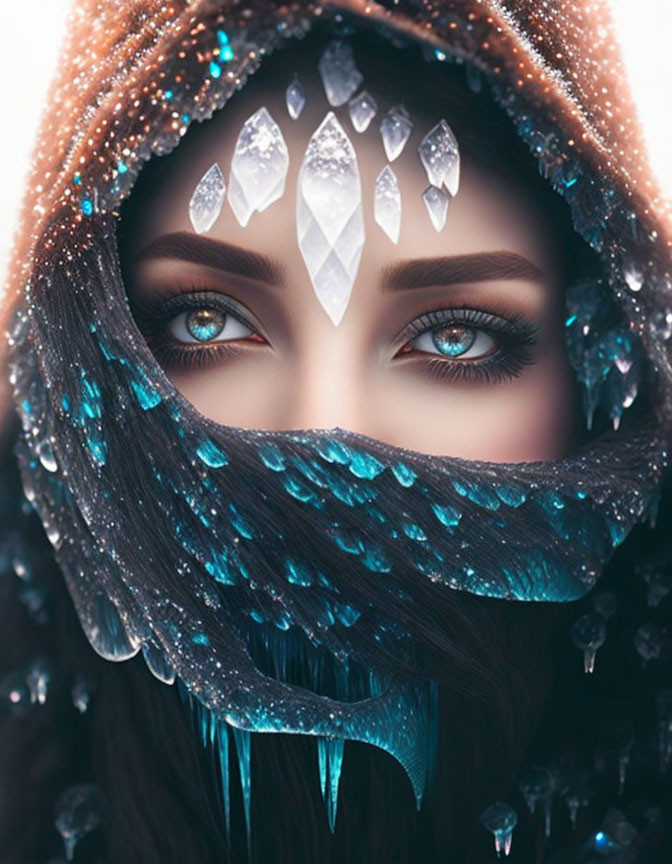 Woman with Sparkly Blue Veil and Captivating Eyes