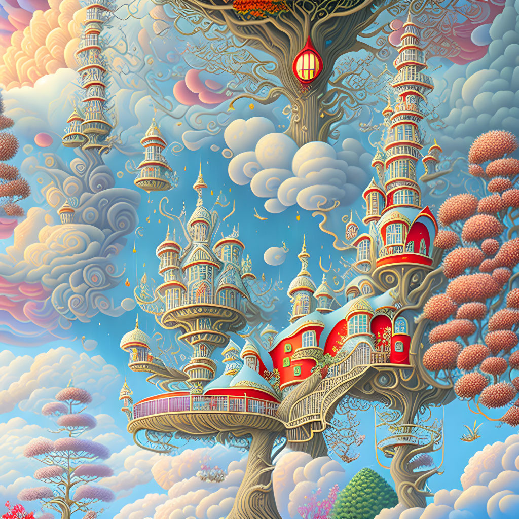 Fantastical tree with castle-like structures and pagodas in surreal setting