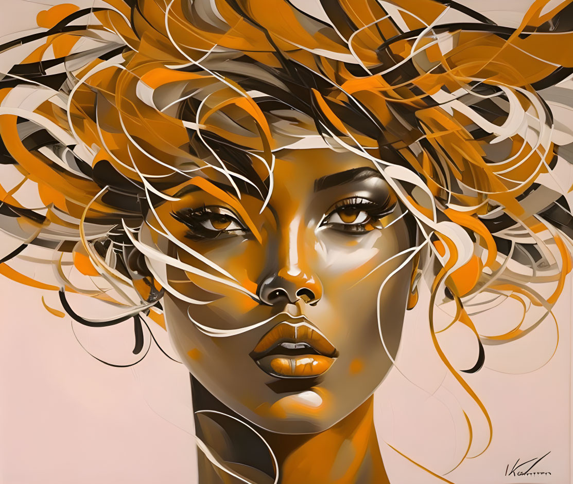 Stylized digital portrait of a woman with swirling black, white, and orange hair on cream background