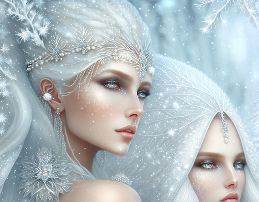 Ethereal women with pale skin and white hair in snowy setting