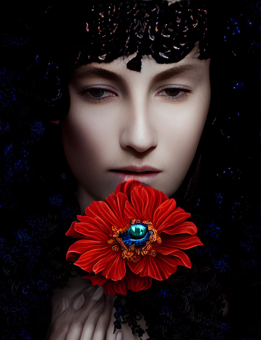 Pale-skinned woman with somber expression wearing black lace headpiece holding red flower with blue jewel center