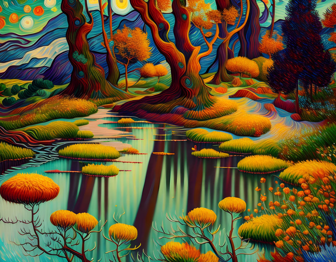 Colorful Stylized Forest Scene with Swirling Trees and Meandering River