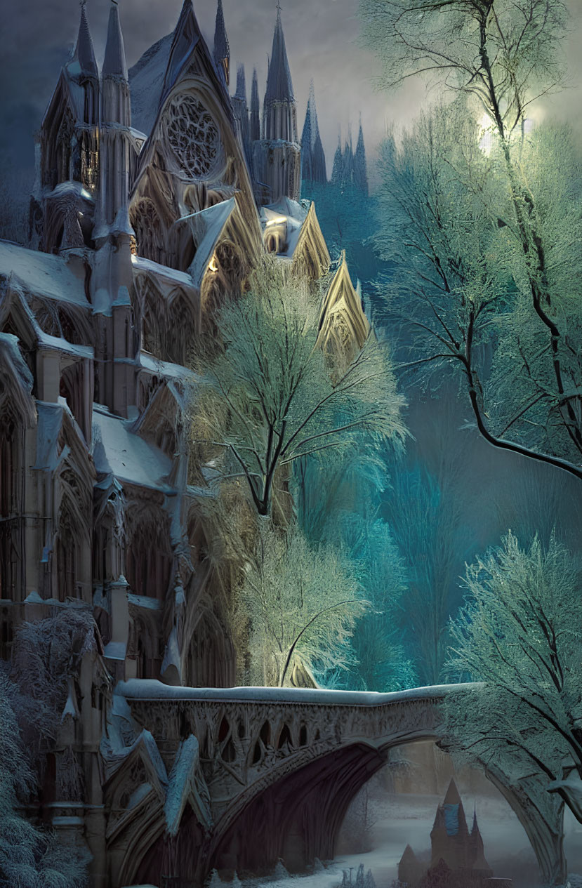 Snow-covered Gothic cathedral in moonlight with arched bridge over frozen river