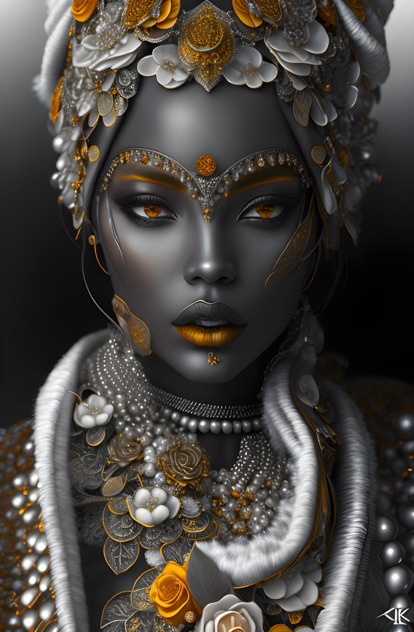 Intricate golden headpieces and jewelry on woman in artistic portrait