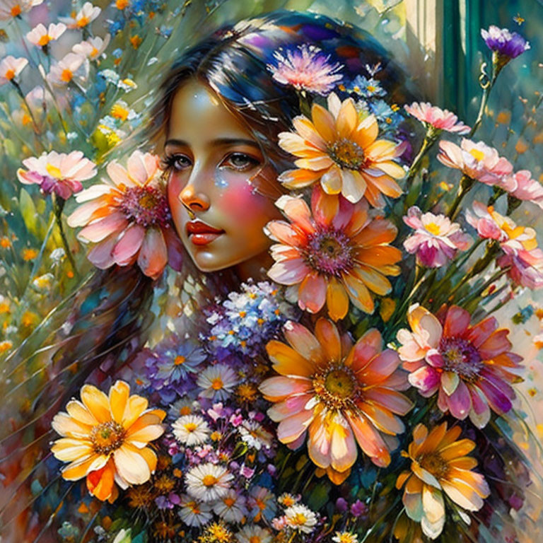 Woman Portrait Surrounded by Vibrant Flowers and Colorful Blossoms