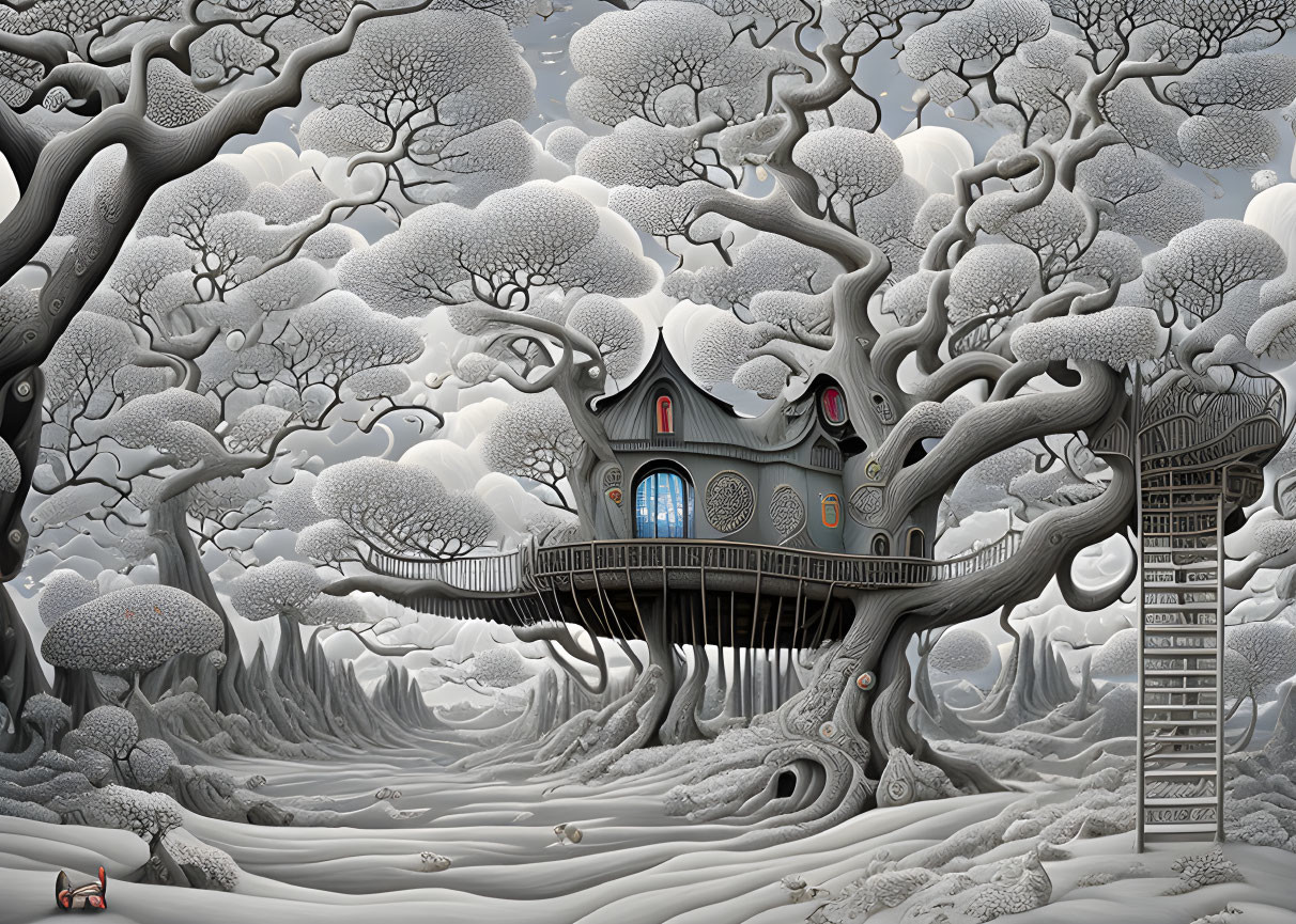 Detailed whimsical treehouse illustration in snowy forest