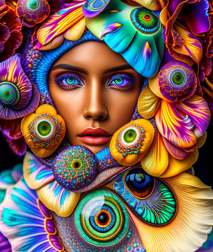 Colorful Artwork: Woman with Blue Eyes and Floral Patterns