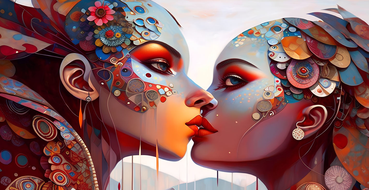 Stylized female figures with colorful patterns touching foreheads