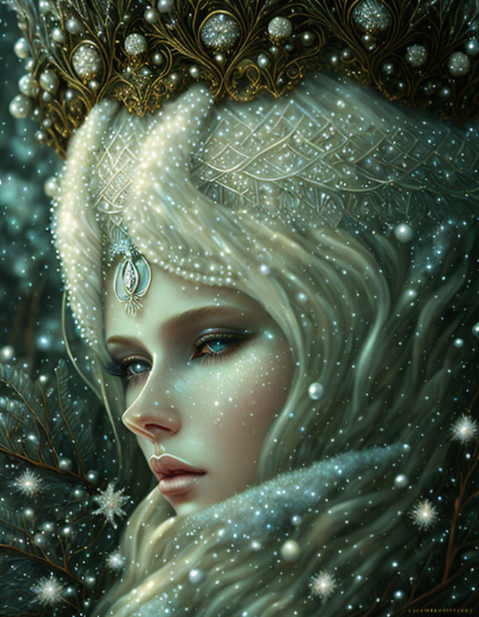 Serene woman with glowing skin in gold headpiece and white cloak in mystical winter setting