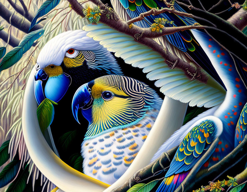 Vibrant parrots in lush foliage with intricate feather patterns