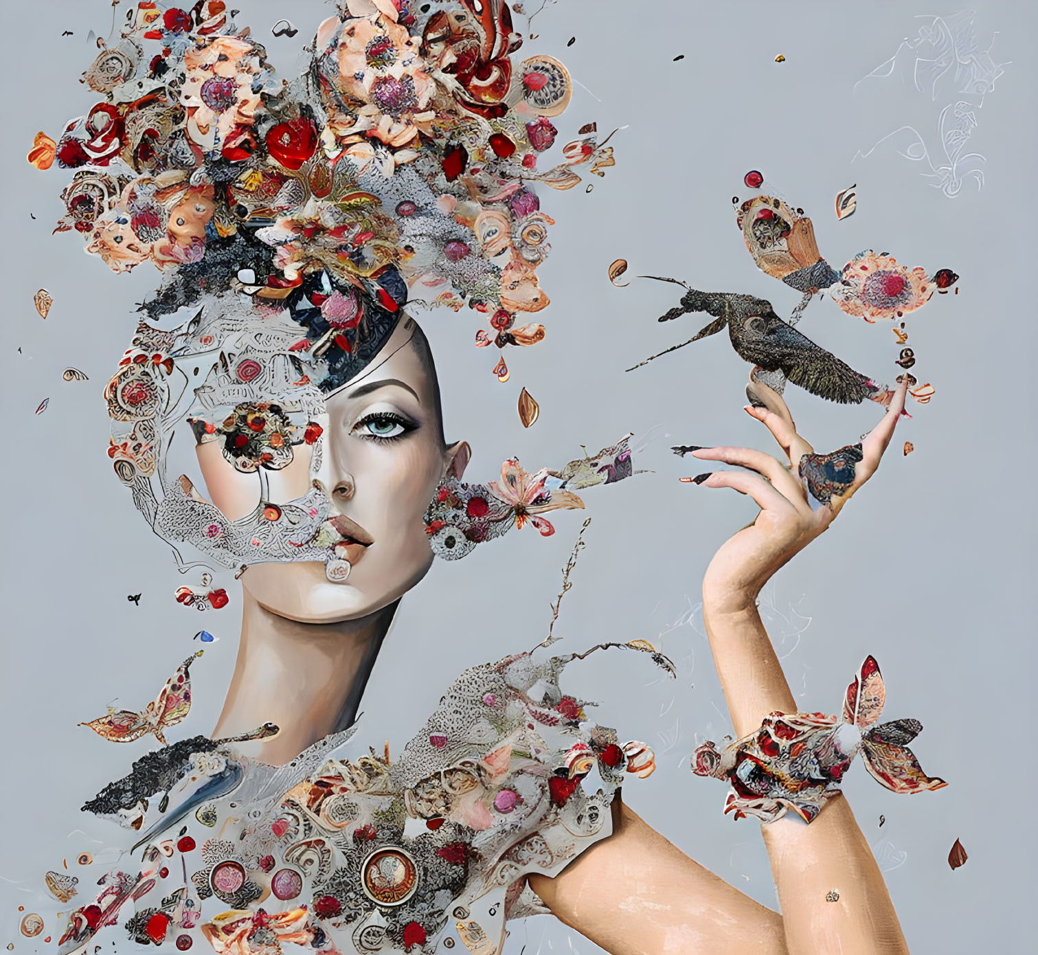 Surreal portrait of a woman with intricate floral headdress