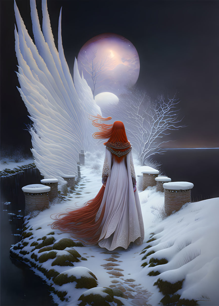 Red-haired figure in white robes with wings by snowy lake at night under full moon