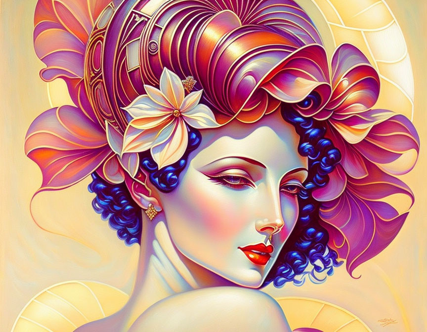 Vibrant art nouveau-inspired woman portrait with voluminous hair and large flower