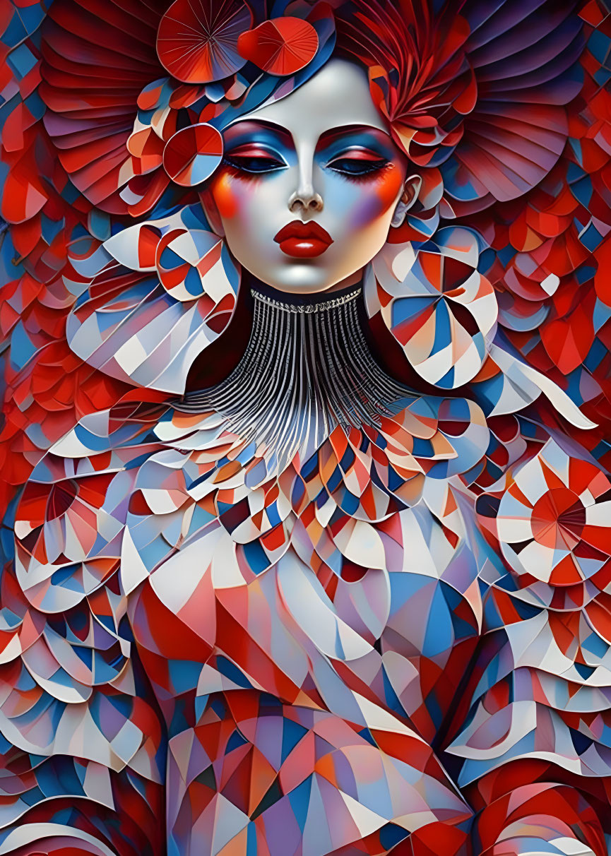 Colorful digital artwork of stylized woman with intricate floral patterns and bold makeup