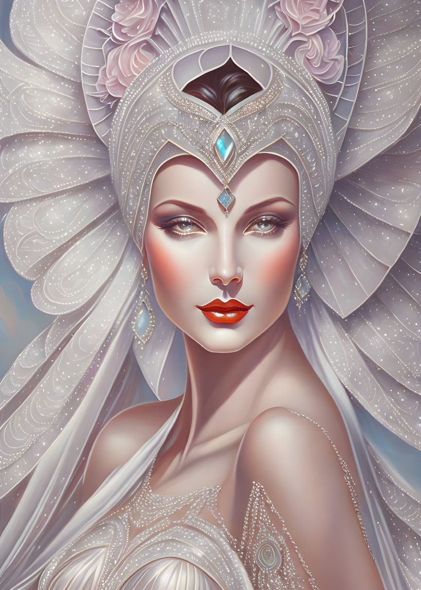 Ethereal woman with elaborate white headdress adorned with gems and flowers