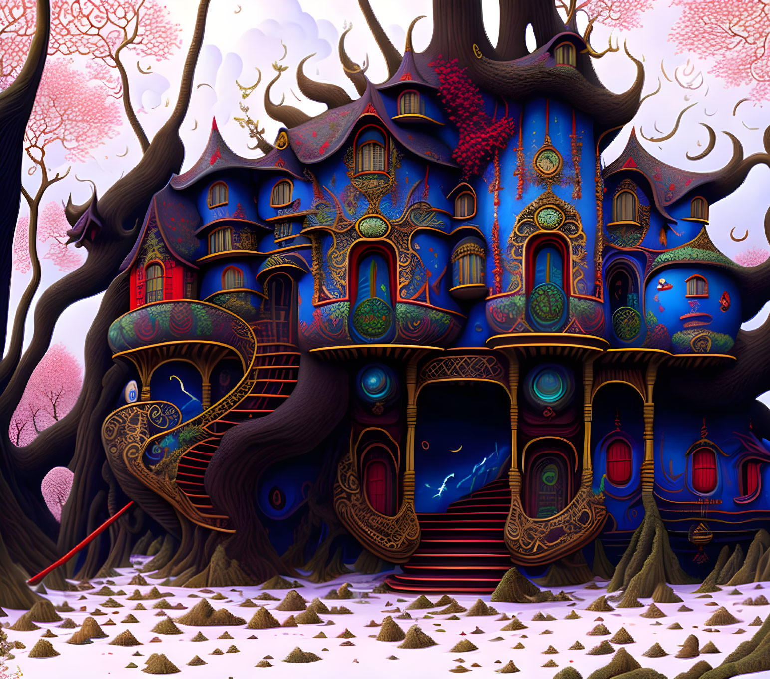 Colorful Illustration of Fantastical Treehouse in Mystical Landscape