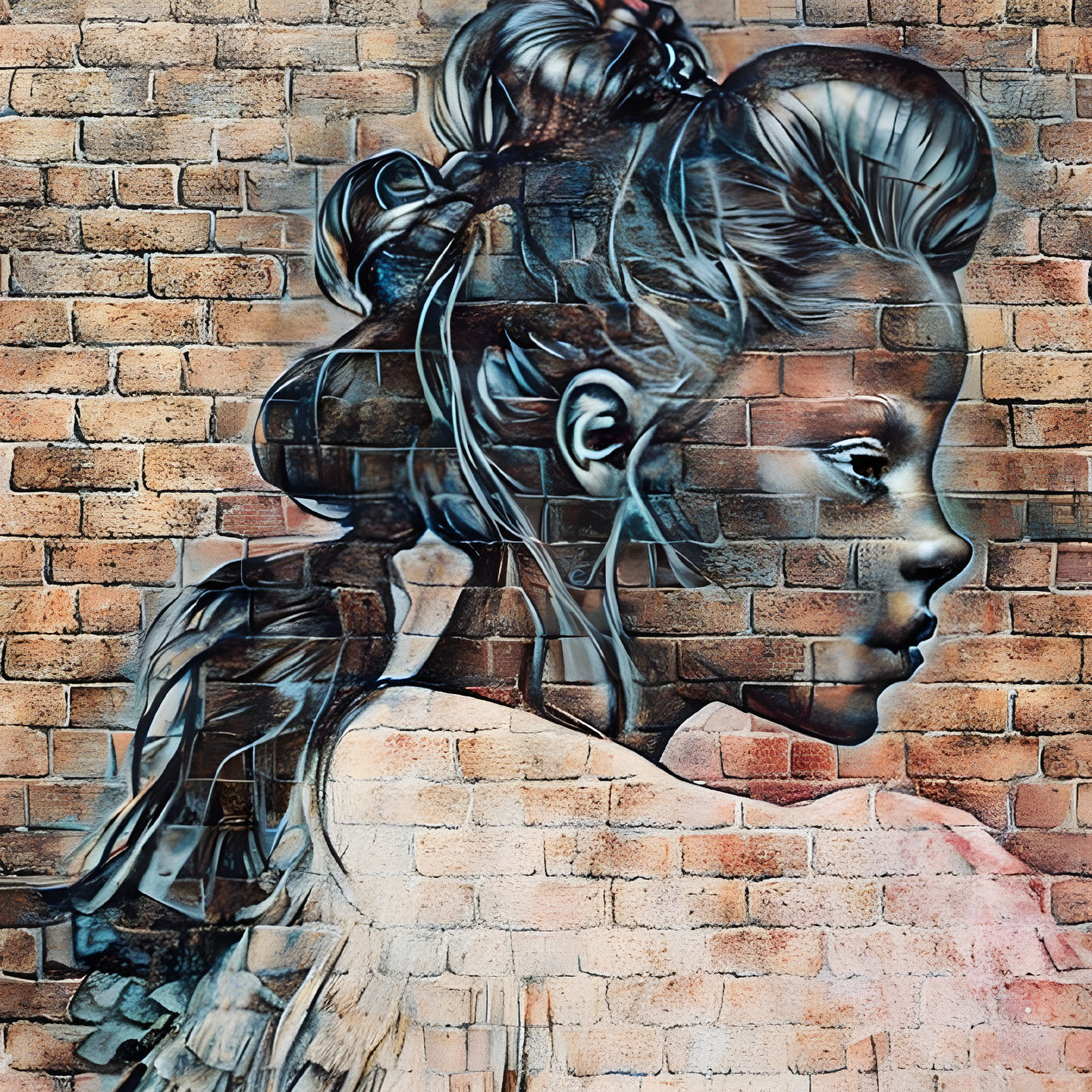 Detailed mural of young girl's profile on brick wall blending realism with street art