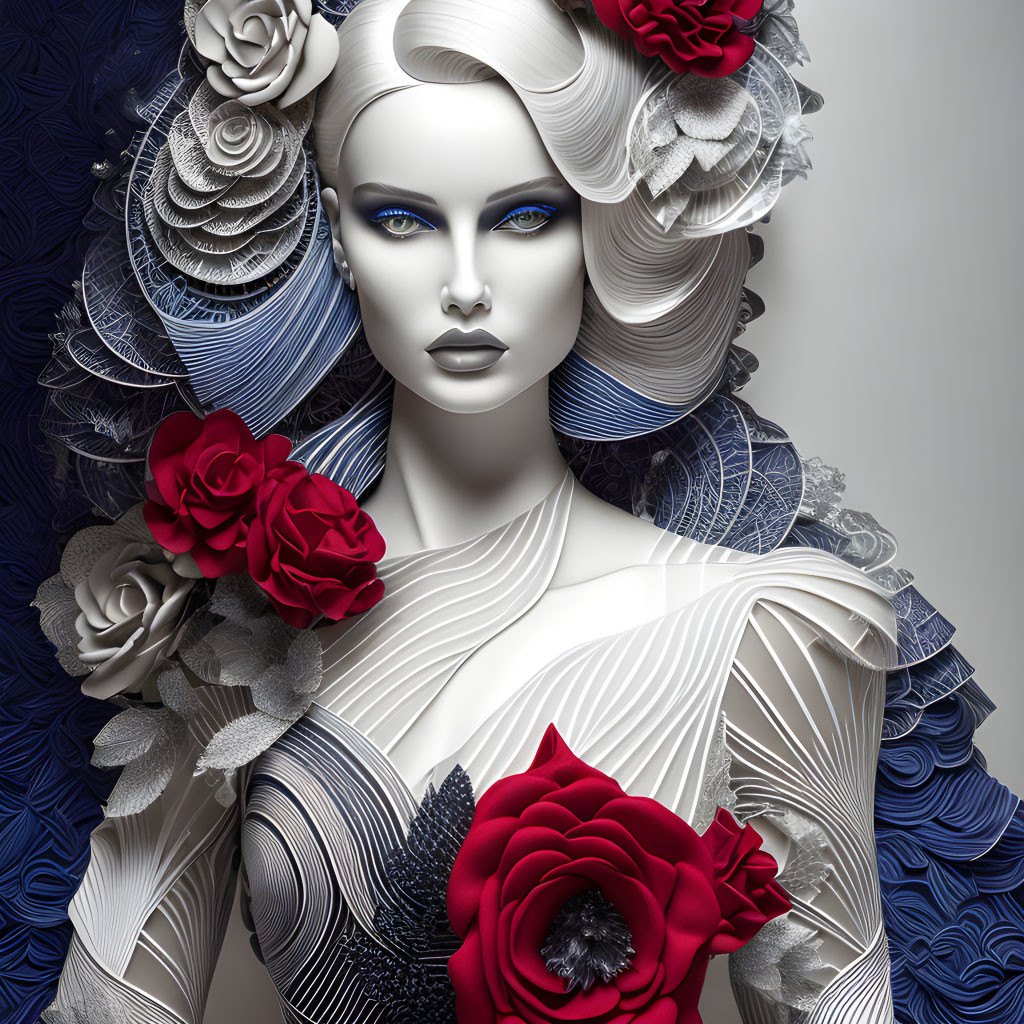 Portrait of a woman with pale skin, blue eyes, white and blue hair, and red flowers