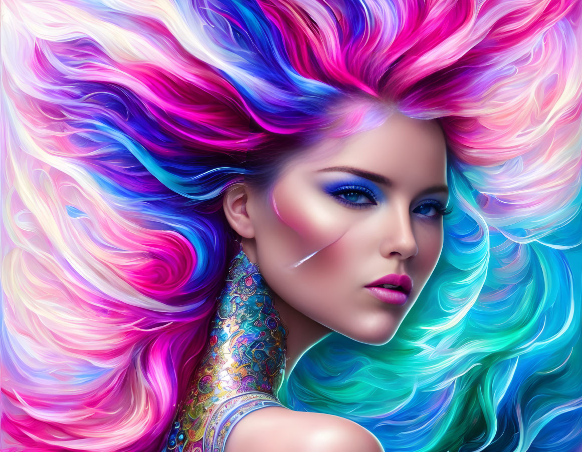Colorful digital artwork: Woman with vibrant pink, blue, and purple hair and bold makeup