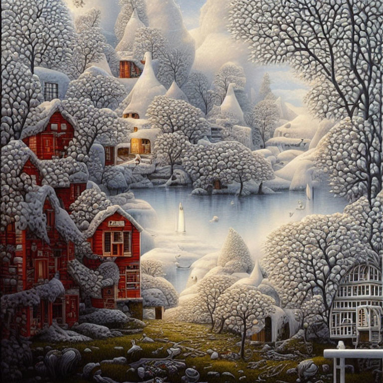 Snowy Winter Landscape with Cozy Houses and Frozen Lake