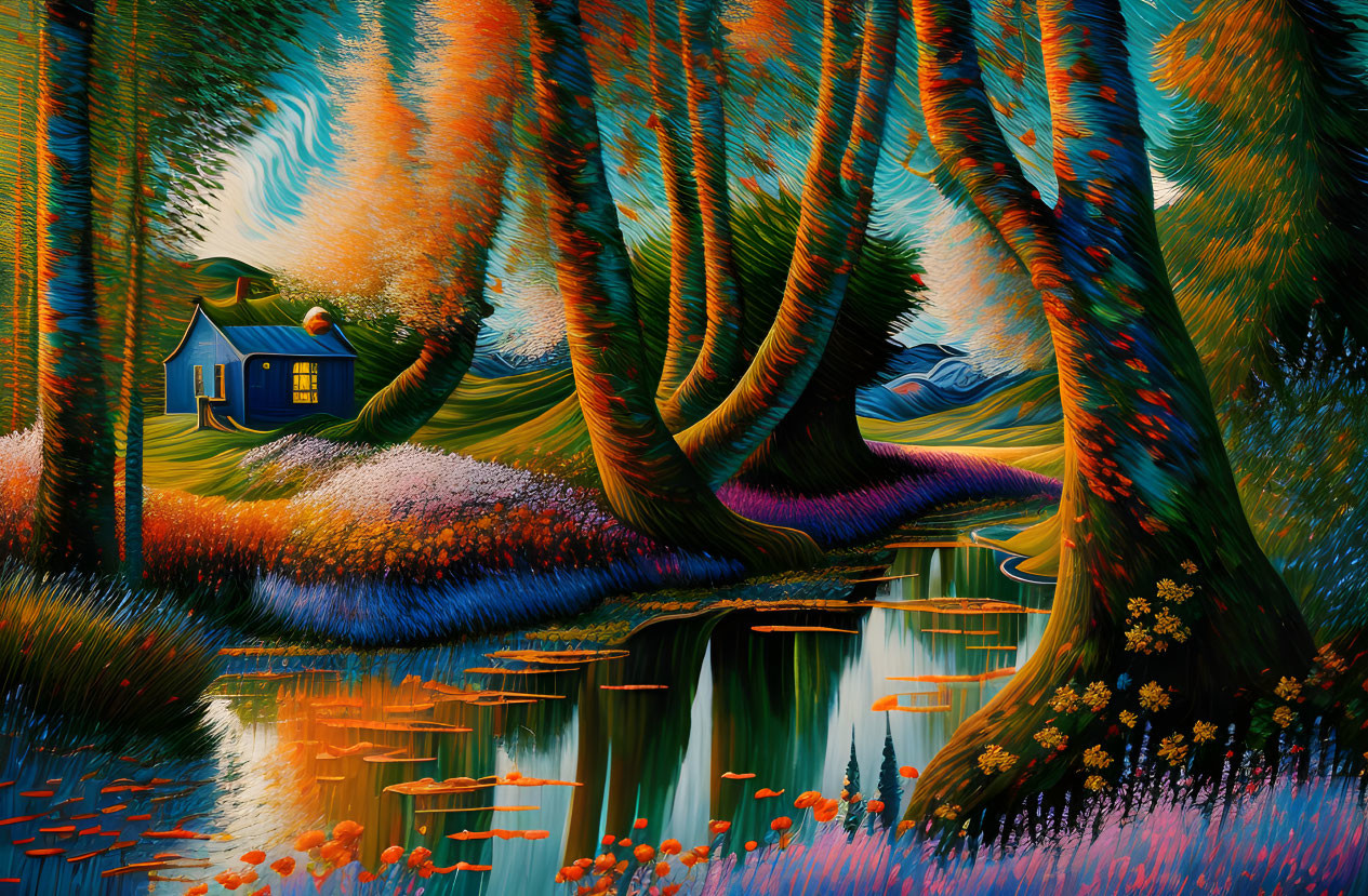 Colorful surreal landscape with blue house, vibrant trees, reflective pond, and fantastical flora