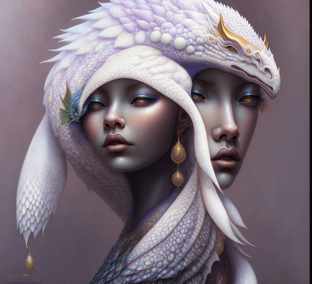 Two serene faces with intricate makeup and a white dragon headdress.