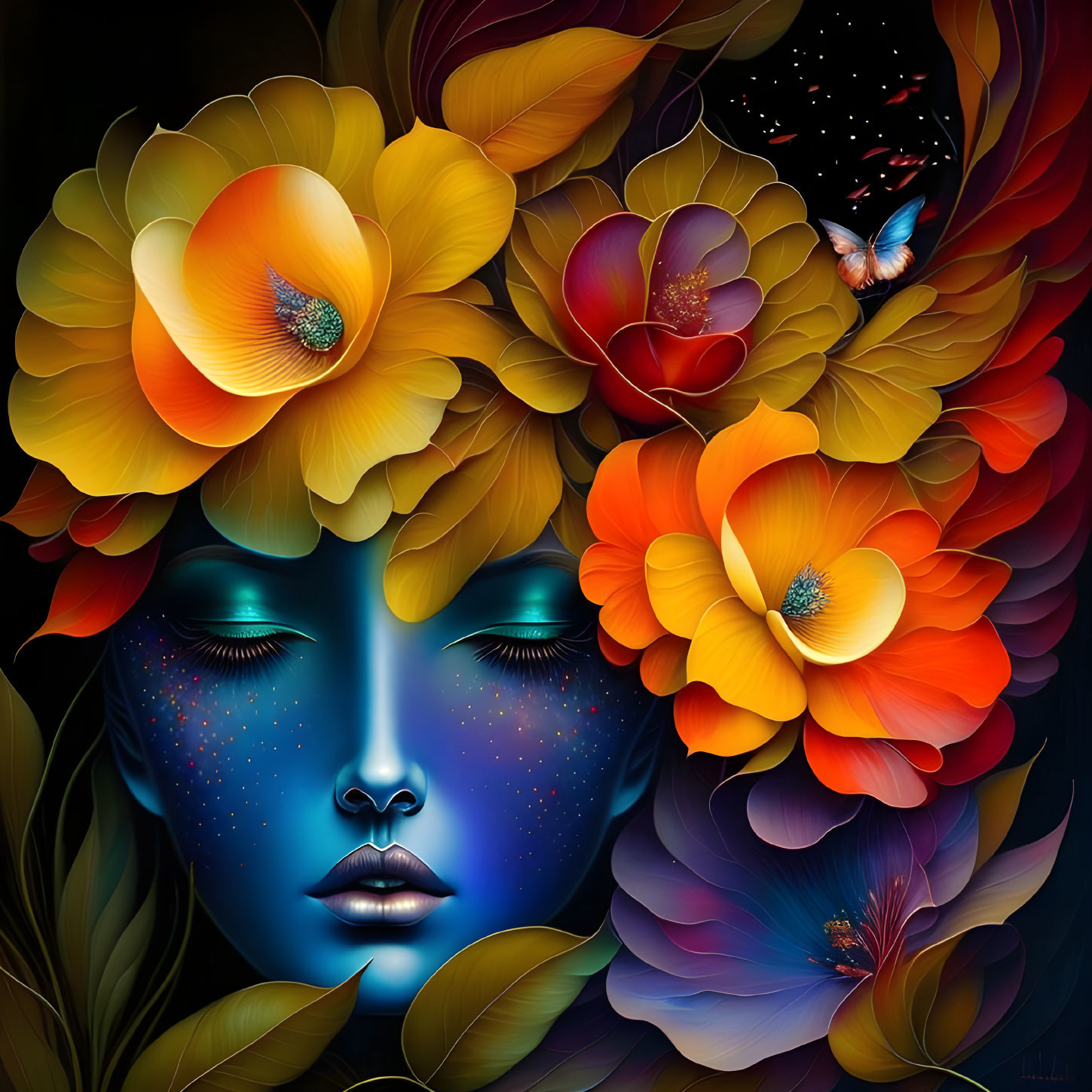 Colorful digital artwork: Female face with floral bouquet