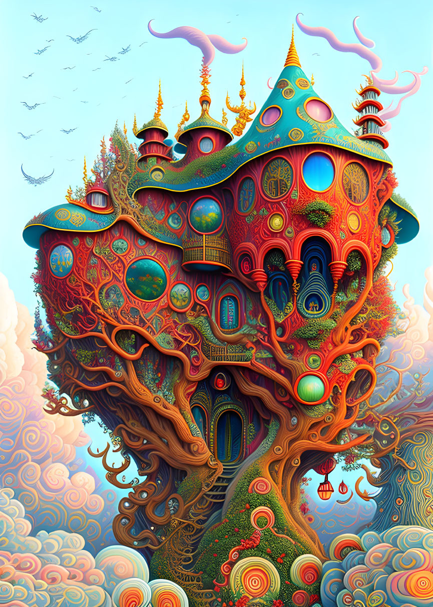 Colorful Fantasy Treehouse with Whimsical Architecture amid Clouds