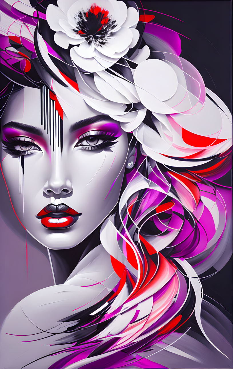 Digital portrait: Female figure with white and purple floral hair, dramatic makeup, tear on cheek