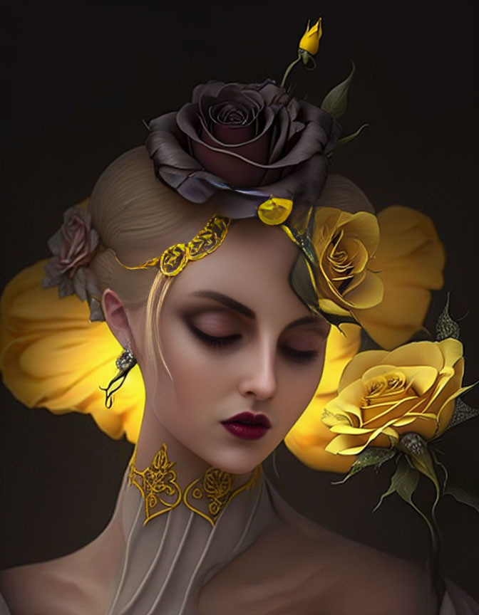 Digital artwork: Woman with closed eyes, wearing rose headpiece, gold filigree, butterfly motifs