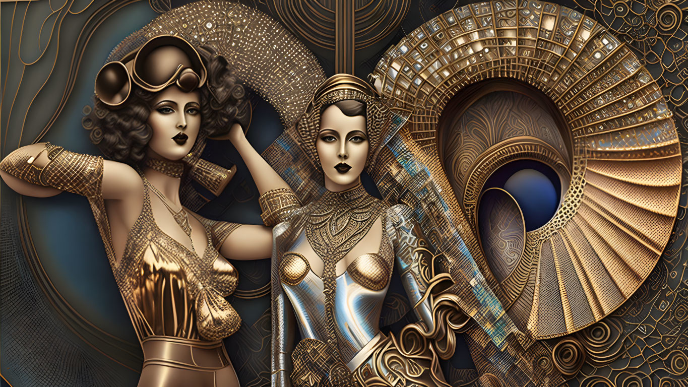 Art Deco Style Female Figures with Elaborate Headdresses and Gold & Blue Patterns