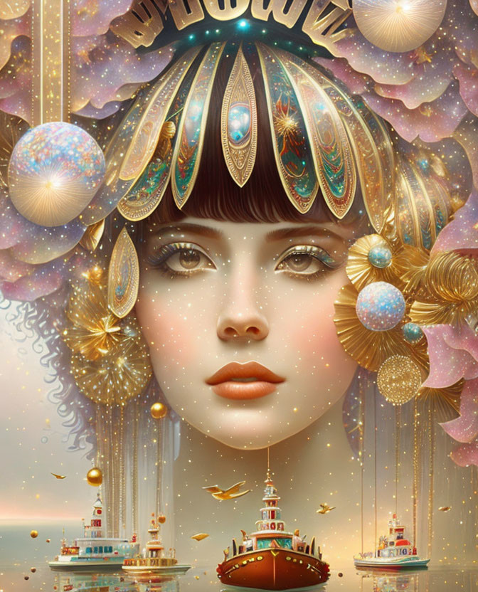 Surreal portrait of woman with ornate maritime headdress and cosmic backdrop