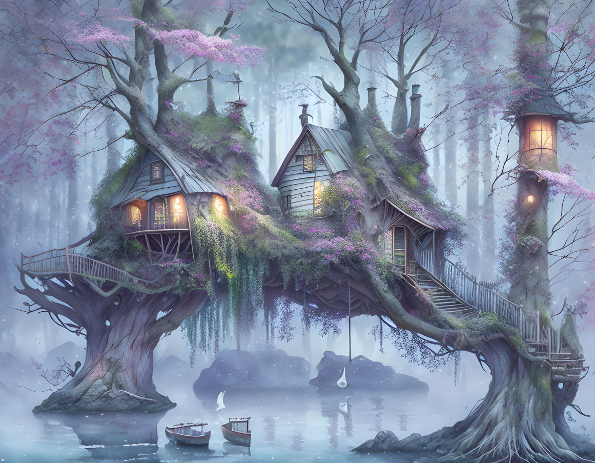 Twilight scene with glowing treehouses, purple trees, lanterns, misty lake