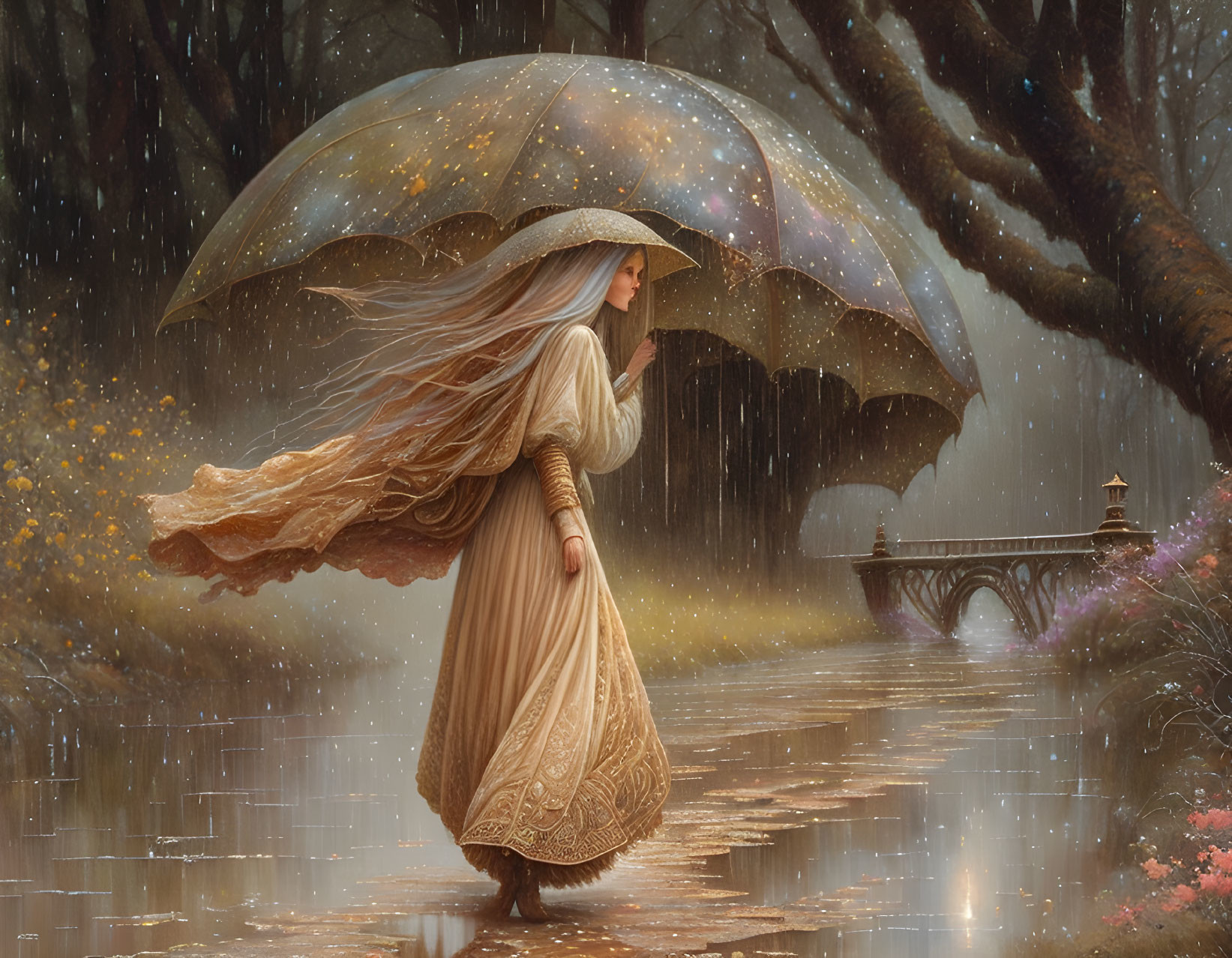 Woman in flowing dress with umbrella in magical rain-kissed forest