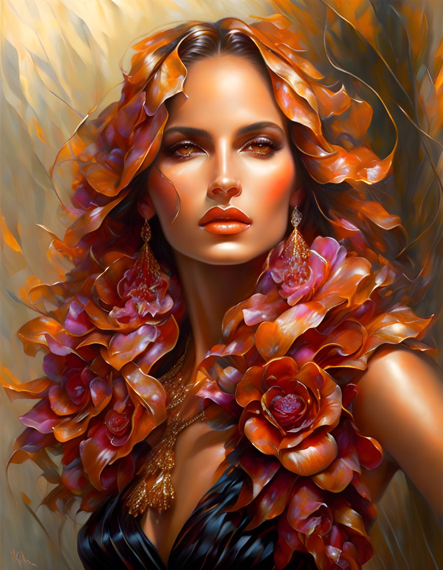 Serious woman with vibrant rose-like petals in her hair under warm light