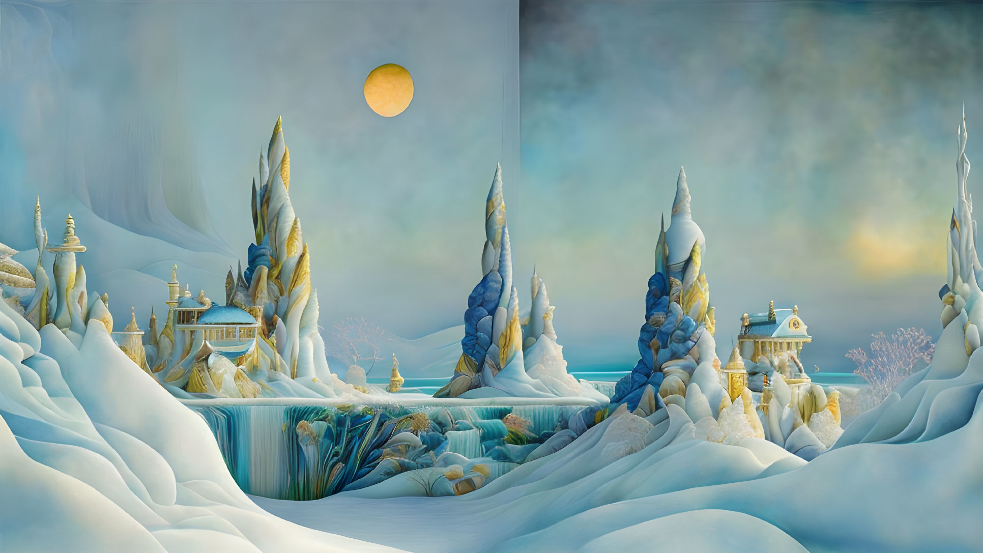 Winter fantasy scene: ice structures, towers, and buildings under yellow moon in pastel sky