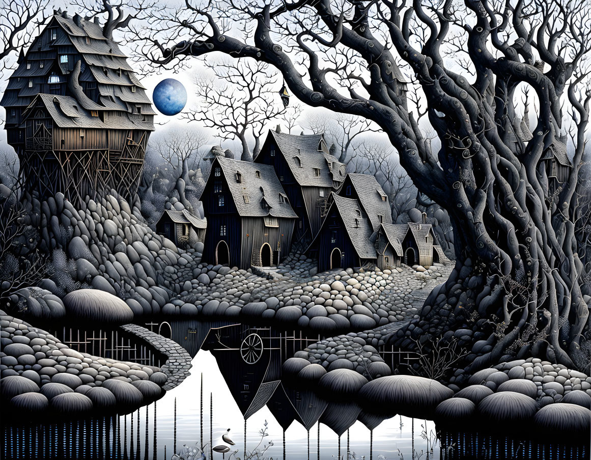 Monochromatic fantasy artwork of moonlit village by serene lake