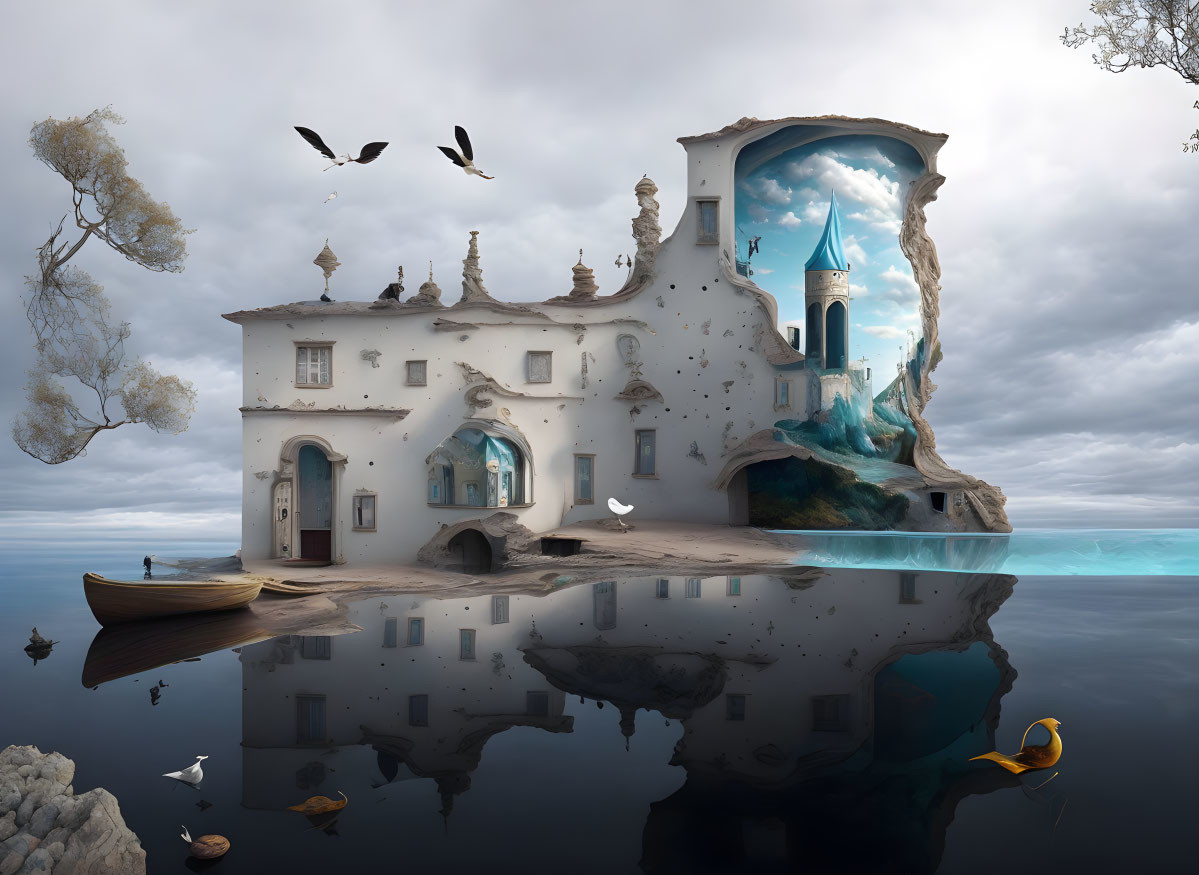 Surreal house with integrated fantasy castle by calm water